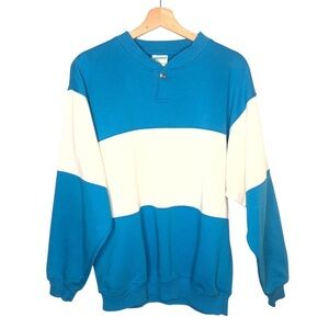 VINTAGE 80s 90s Cheetah Mervyns Teal Off White Stripe Rugby Henley Sweatshirt M